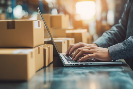 E-commerce order management system. Fulfillment operations software for online store. Businessman using laptop computer to process orders