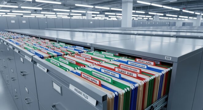 Neatly organized metal filing cabinets filled with color-coded hanging folders in a modern office environment
