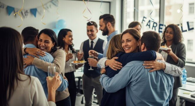 A group of people celebrating in a modern office setting, hugging and toasting with champagne. The room is decorated with streamers and balloons