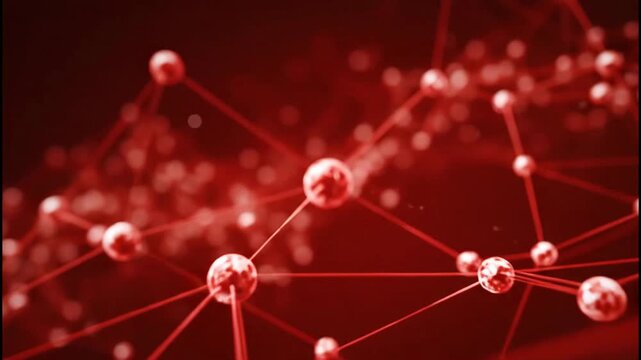 A striking abstract image depicts a complex network of interconnected nodes and lines, rendered in a deep red hue, suggesting a scientific or technological concept.