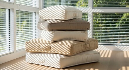 Fototapeta premium Stack of organic cotton floor cushions in neutral tones, bathed in sunlight and shadow