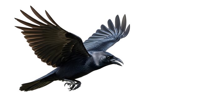A Black Crow in Mid-Flight with Wings Spread Wide.