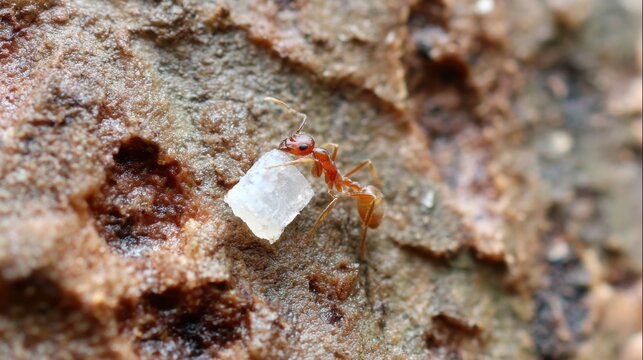 A tiny ant diligently carries a large crumb of food across a rough, textured surface, showcasing immense effort and dedication in nature.