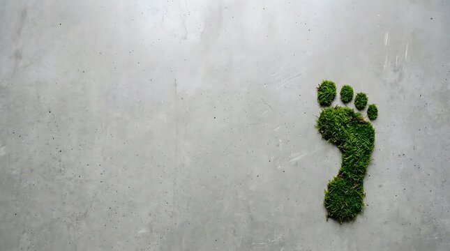 A single human footprint made of green grass on a grey concrete floor symbolizing environmental awareness and carbon reduction concepts for a sustainable future