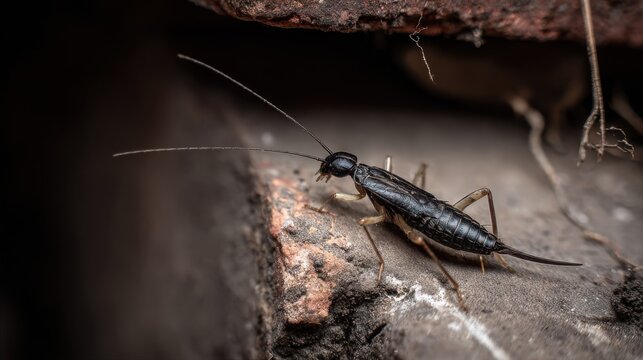 Detailed macro photograph of an earwig insect with prominent cerci emerging from a textured surface