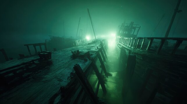 Eerie underwater shipwreck scene with illuminated beams cutting through the murky depths, revealing fragmented vessel remains.