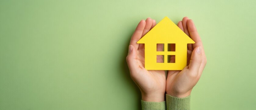 Hands holding a yellow house symbol on a green background.