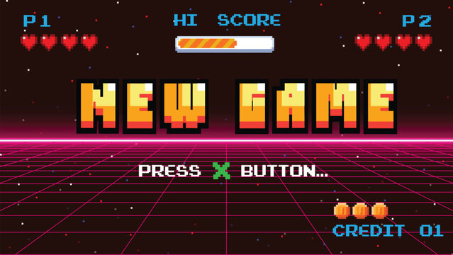 NEW GAME .press X button .pixel art .8 bit game. retro game. for game assets in vector illustrations. Retro Futurism Sci-Fi Background. glowing neon grid. and stars from vintage arcade comp