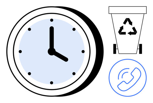 Time management, sustainability, communication, productivity, waste reduction, eco-consciousness. A clock, recycling bin with symbol and phone icon. Time management and sustainability