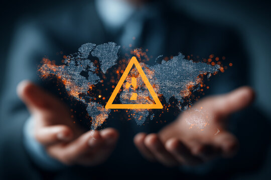 Geopolitical risks and instability in international relations. Assessing the impact of international conflict and trade war. Business person holding a world map and warning triangle icons
