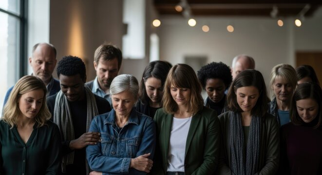 A diverse group of people standing in a line, heads bowed in a solemn or prayerful gesture. The setting appears to be indoors, possibly in a church or community center, with warm lighting 