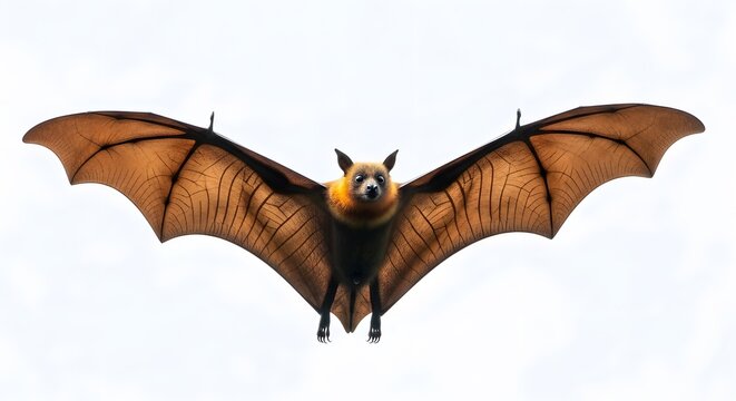 Flying Fox Bat Spreading Wings Against White Background.