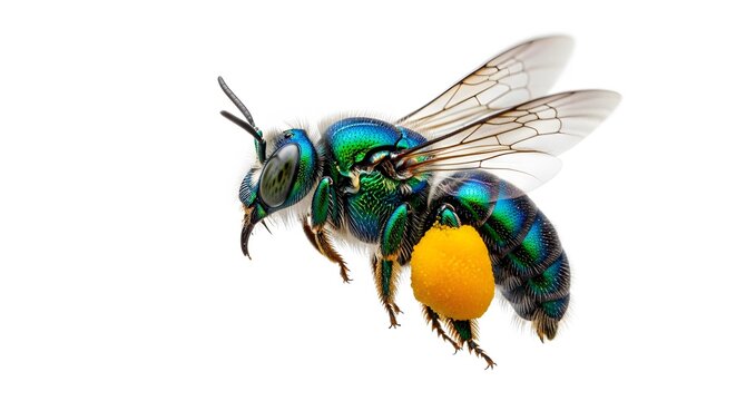Metallic Green Bee with Pollen Sacs on Legs Isolated on White.