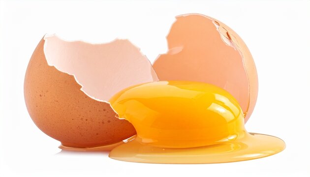 A single brown egg cracked open, revealing a glistening golden yolk and broken shell pieces, isolated on a white background, perfect for culinary or breakfast themes