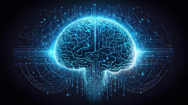 A glowing, digital brain is surrounded by circuit-like connections on a dark background