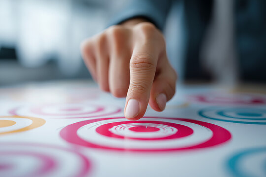 Market positioning strategy and positioning map. Target audience analysis and differentiation of brand products. Marketer pointing at positioning map