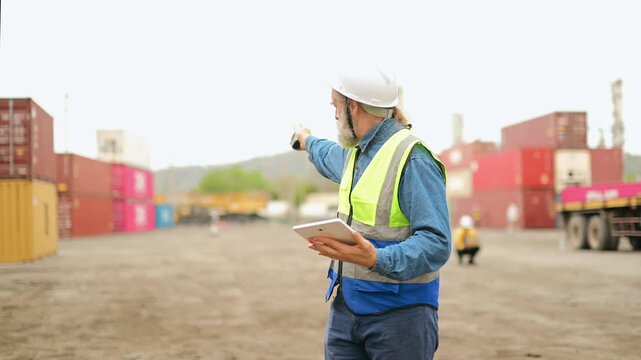 Professional logistics manager in safety gear coordinates shipping operations using a digital tablet and walkie talkie
