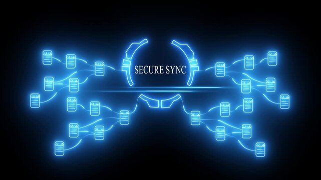 Secure sync digital data network hud animation with glowing blue nodes and connectivity lines
