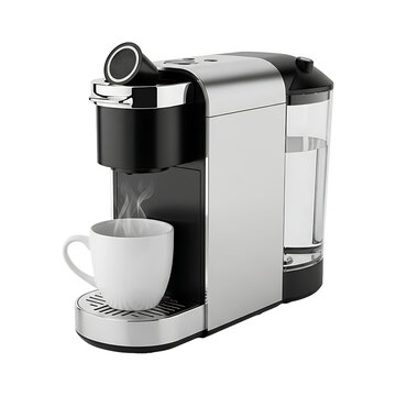 Keurig coffee maker with steaming cup isolated on transparent background