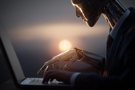 Multi AI agent orchestration system. Automated collaborative network technology. Businessman using intelligent automation tool on laptop computer
