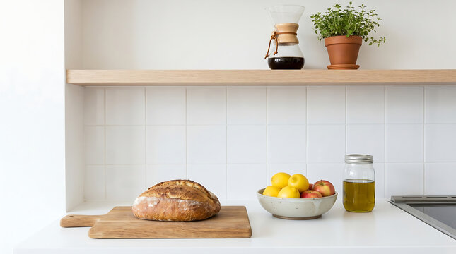 minimal kitchen setup with bread fruit and olive oil