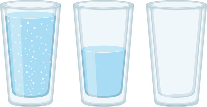 Glass of Water Set with Full Half and Empty Levels Including Sparkling Bubbles Transparent Drink Vector Illustration Collection