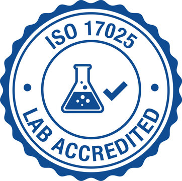 Iso 17025 lab accredited blue emblem seal stamp with flask and check mark for testing laboratory competence on transparent background