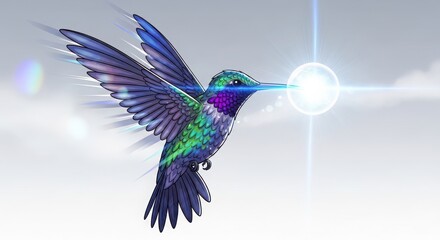 Obraz premium vibrant hummingbird in flight with iridescent feathers and glowing light effect against soft background