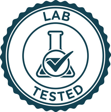 Lab tested circular badge with flask and checkmark symbol isolated on transparent background vector