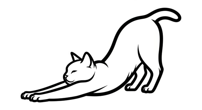 Black and white drawing of a cat stretching its body.