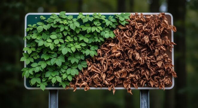A vibrant green vine contrasts with dry, decaying leaves on a nature signboard in a forest setting.