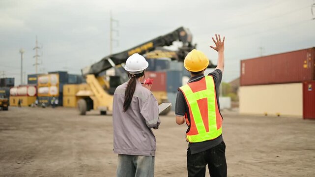 Professional logistics team monitoring container handling operations with heavy reach stacker