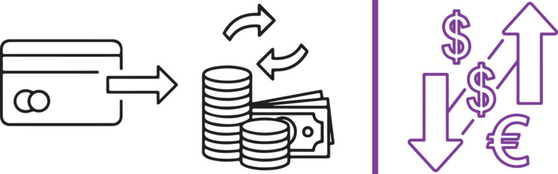 Credit card transaction icon with coins and banknotes, symbolizing financial growth and currency exchange. Representing payment, investment, and economic concepts.