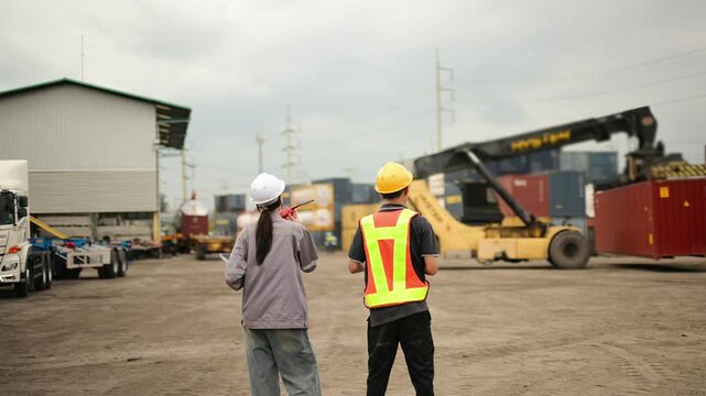 Professional logistics team monitoring container handling operations with heavy reach stacker
