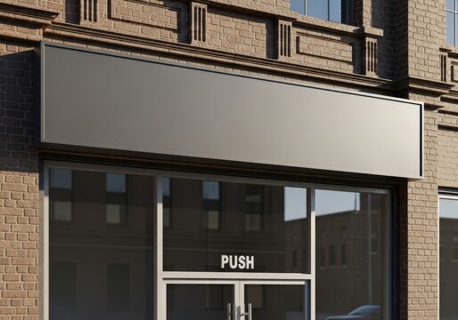 Black storefront sign above a glass door with push sign, brick facade black sign