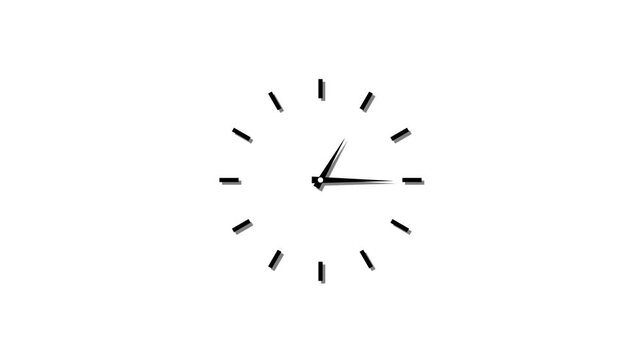 Twelve hours clock run, moving time arrows, 12 hours clock dial loop, twenty-four hours time lapse animation, Hours appear on a white background Motion graphic 4k animation video.