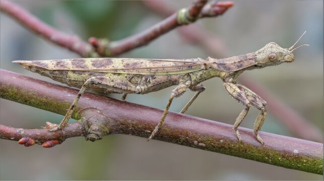 Perfectly camouflaged stick insect blending seamlessly with a slender twig in its natural habitat.