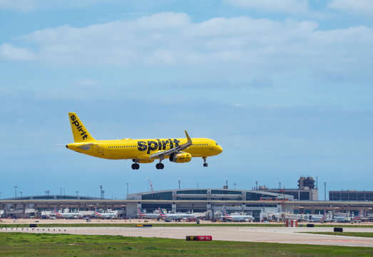 Spirit Airlines aircraft Airbus A321-200 landing at the Dallas Fort Worth International Airport (DFW), blue skies.