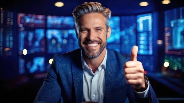A smiling man in a suit gives a thumbs up, with a blurred techy background