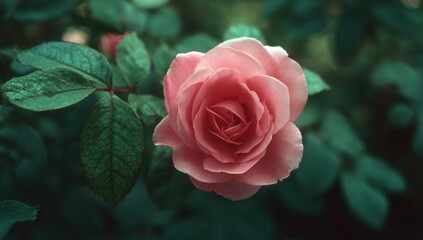 Fototapeta premium Close-up of a delicate pink rose in full bloom surrounded by lush green leaves.