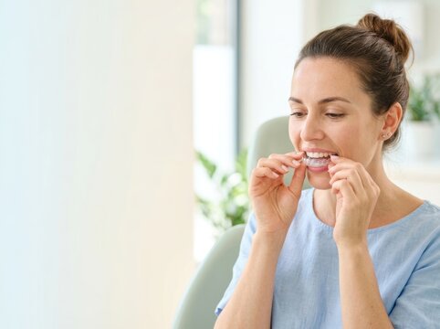 Clean commercial scene of a woman applying invisible braces with both hands, horizontal layout with large copy space and soft pastel background