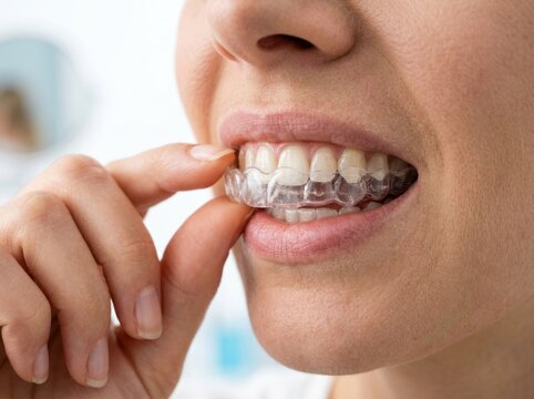 Macro view of clear dental aligner being removed, fingers gently pulling tray from teeth, clean enamel and gum line under soft bright lighting