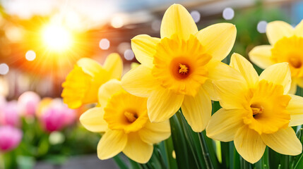 Fototapeta premium Yellow daffodils in full bloom with bright sunlight and bokeh background daffodil sunlight sunshine