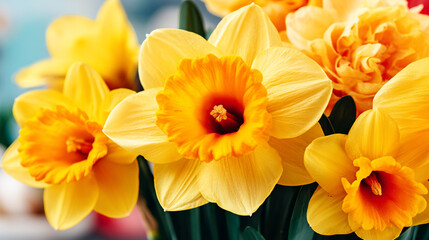 Fototapeta premium Close up of bright yellow daffodil flowers in bloom with petals and orange centers daffodil narcissus