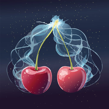 Vibrant vector illustration of two ripe cherries with abstract swirls