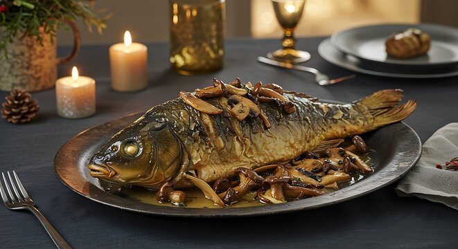 A festive table setting featuring a beautifully prepared roasted carp with mushrooms