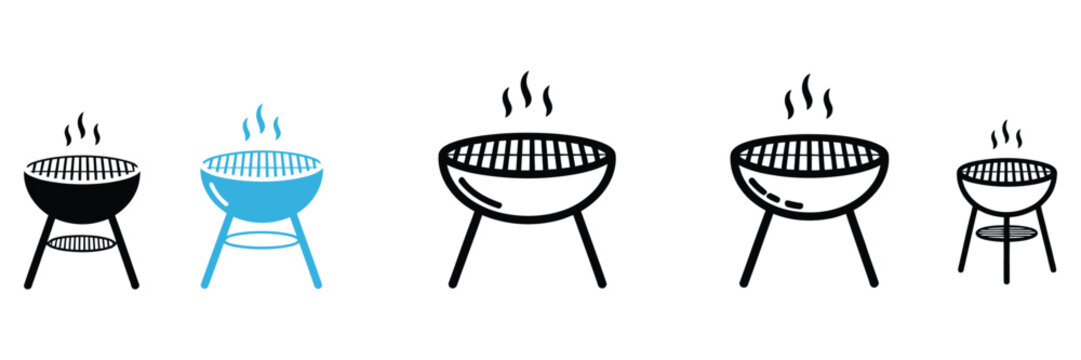 Grill icon, black blue cooking symbols, barbecue equipment graphics, kitchen food preparation concept, vector illustration