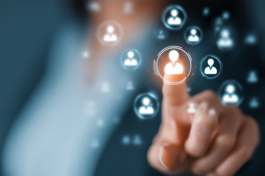 Targeting and personalization of customer communication. Marketing automation system. Marketer tapping a customer icon