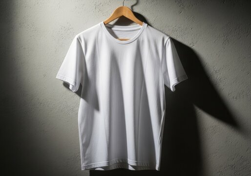 Plain white t-shirt on a wooden hanger against a dark backdrop, t-shirt on hanger