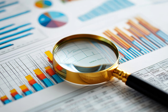 Analyzing and gathering statistical data. Growth charts. Many business reports and magnifying glass